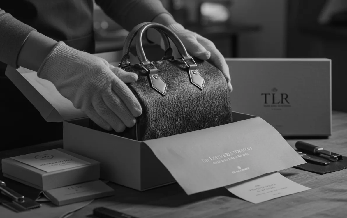 Artisan restoring Louis Vuitton vachetta handle at The Leather Restorators